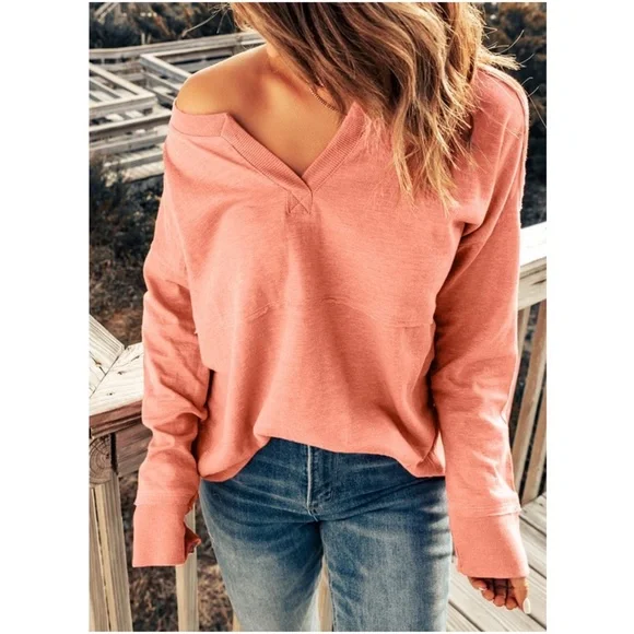 Cozy V neck Loose Fit Long Sleeve Top - Picture 1 of 3